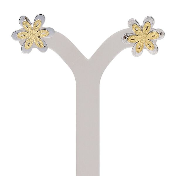 Earring, stainless steel and gold-finished stainless steel, 13x13mm stardust flower with post. Sold per pair. image number 0