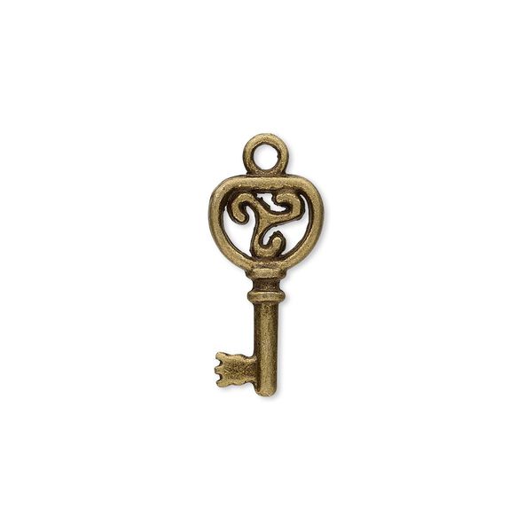 Charm, antique brass-plated "pewter" (zinc-based alloy), 18.5x9.5mm double-sided key with triskele design. Sold per pkg of 20. image number 0