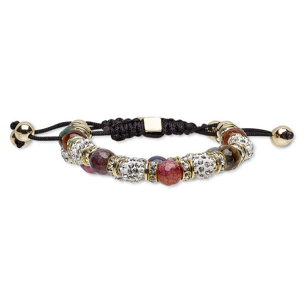 Bracelet, agate (dyed / heated) / glass rhinestone / nylon / polymer clay / gold-finished steel / "pewter" (zinc-based alloy), multicolored, 10mm wide, adjustable from 5-1/2 to 8-1/2 inches with macramé knot closure. Sold individually. image number 0