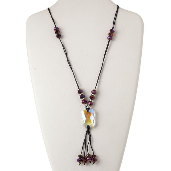Necklace, glass / color-coated plastic / silver-finished steel / nylon cord, black / clear AB / metallic purple, 33x24mm faceted rectangle, 30-34 inches with lobster claw clasp and 2-inch extender chain. Sold individually. image number 0