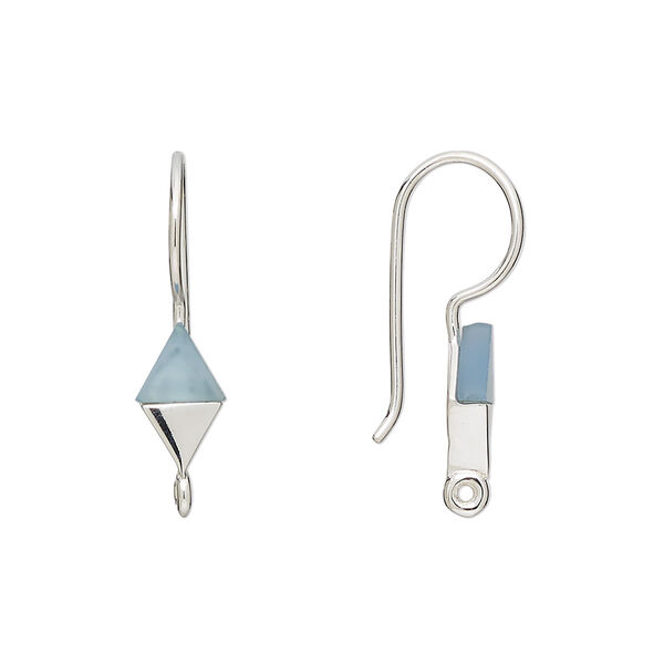 Ear wire, blue chalcedony (dyed) and sterling silver, 24mm fishhook with 10x6mm hand-cut diamond and closed loop, 19 gauge. Sold per pair. image number 0