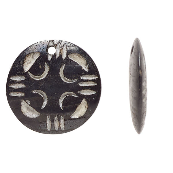 Drop, bone (dyed), black and tan, 23-24mm flat round. Sold per pkg of 4. image number 0