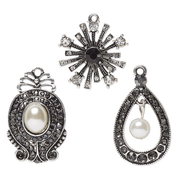 Drop, antique silver-finished "pewter" (zinc-based alloy) / glass / acrylic, multicolored, 23mm single-sided burst / 30x19mm single-sided teardrop / 30x20mm single-sided overall. Sold per 3-piece set. image number 0