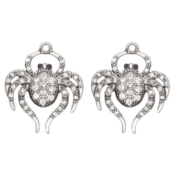 Charm, antique silver-finished "pewter" (zinc-based alloy), enamel and glass, clear and black, 28x27mm single-sided spider. Sold per pkg of 2. image number 0