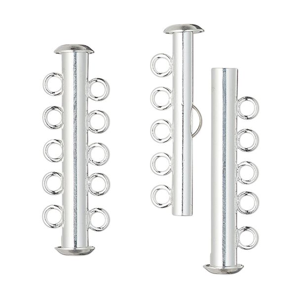 Clasp, 5-strand slide lock, silver-plated brass, 31x6mm tube. Sold per pkg of 100. image number 0