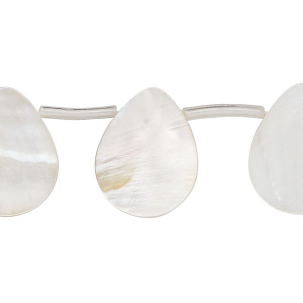 Bead, mother-of-pearl shell (bleached), white, 19x6mm-20x12mm top-drilled flat teardrop, Mohs hardness 3-1/2. Sold per 15-inch strand, approximately 20 beads. image number 0