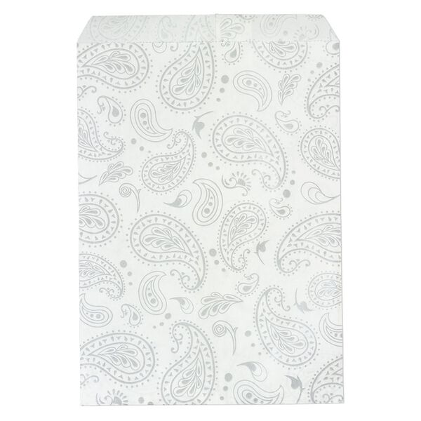 Bag, paper, white and silver, 7x5 inch rectangle with paisley-print and scalloped top edge. Sold per pkg of 100. image number 0