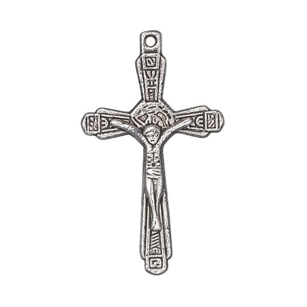 Focal, antique silver-plated "pewter" (zinc-based alloy), 32x20mm single-sided crucifix with "bless and save" in Russian on back. Sold per pkg of 10. image number 0
