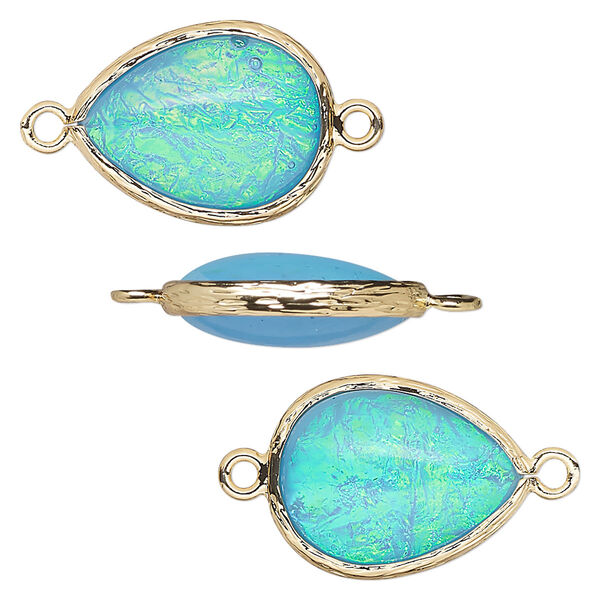 Link, Opalized Ice™, "opal" (resin) and gold-finished brass, light blue, 19.5x15mm double-sided teardrop. Sold per pkg of 4. image number 0