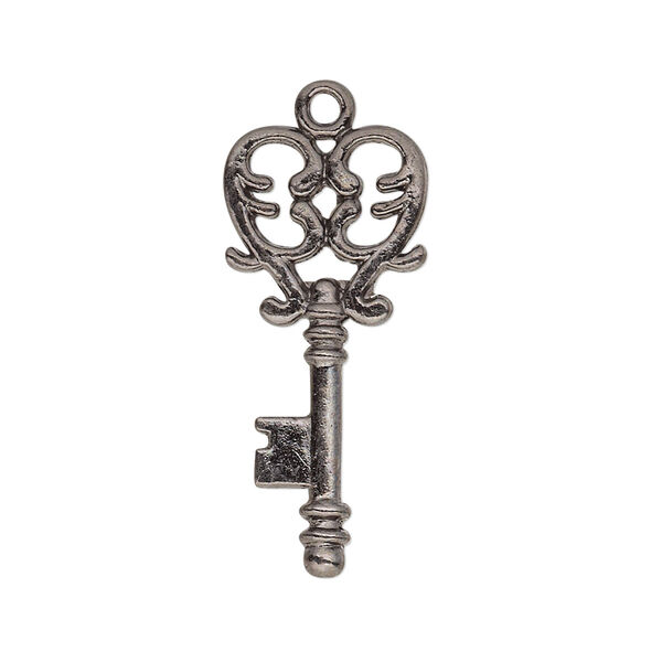 Focal, gunmetal-plated "pewter" (zinc-based alloy), 30x13.5mm double-sided key with filigree heart design. Sold per pkg of 12. image number 0