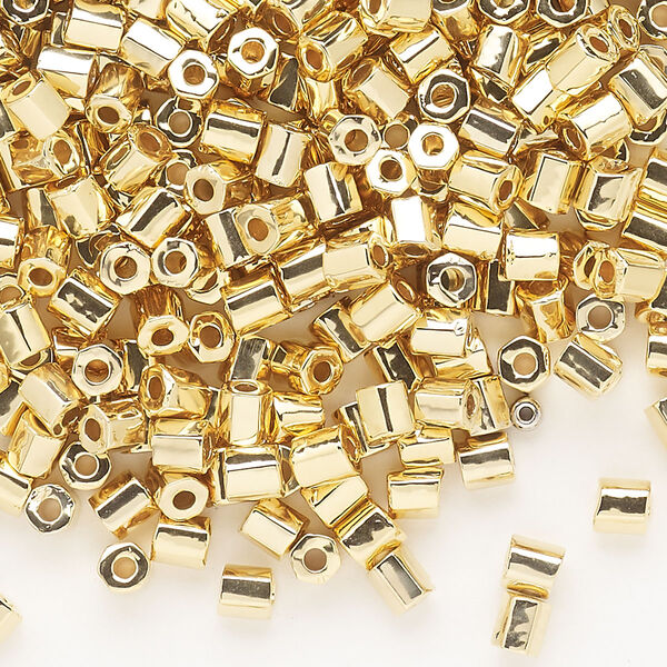 Seed bead, Dyna-Mites™, glass, opaque 24Kt gold-plated, #6 hex 2-cut. Sold per 40-gram pkg. image number 0