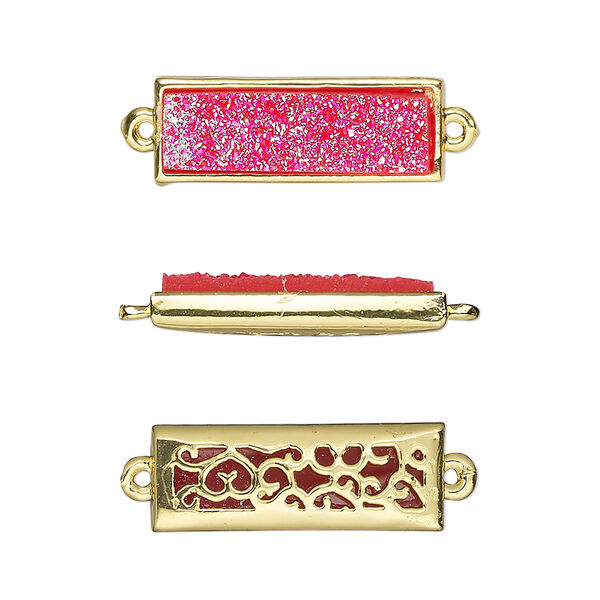 Link, Druzylite™, "druzy" (resin) and gold-finished brass, hot pink, 21x8mm two-sided rectangle with open filigree back. Sold per pkg of 4. image number 0