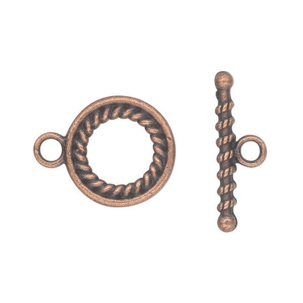 Clasp, toggle, antique copper-plated "pewter" (zinc-based alloy), 16mm double-sided round with rope design. Sold per pkg of 10. image number 0
