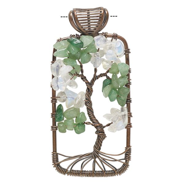 Pendant, antique copper-finished copper / green aventurine (natural) / sea ''opal'', white, 66x31mm single-sided open rectangle with tree of life design and 5x4.5mm bail. Sold individually. image number 0