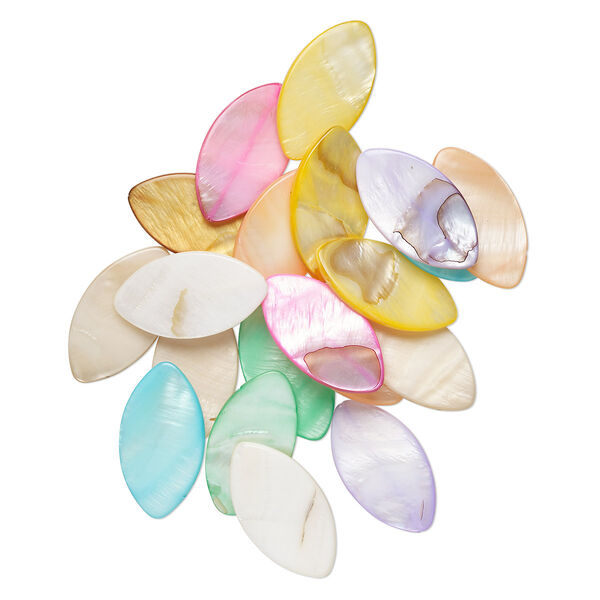 Bead mix, mother-of-pearl shell (bleached / dyed), multicolored, 37x20mm top- and center-drilled flat marquise with 0.6-0.8mm hole, Mohs hardness 3-1/2. Sold per pkg of 20. image number 0