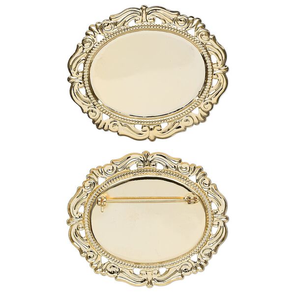 Pin back, gold-plated brass, 55x46mm filigree oval with 40x30mm cabochon setting. Sold individually. image number 0