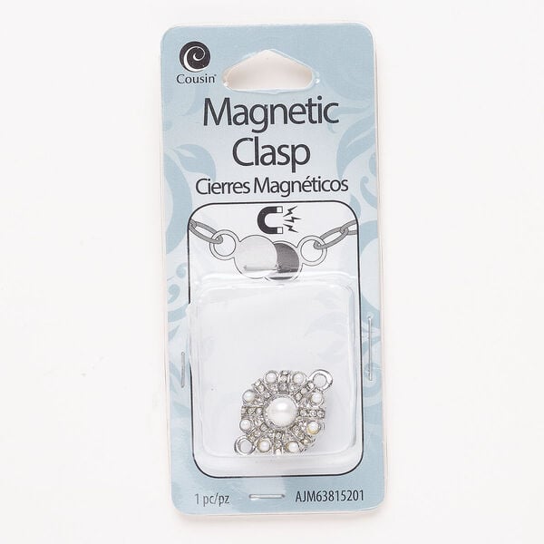 Clasp, magnetic, steel / acrylic / glass, pkg/1, 17mm flower, antique silver finish / clear / white. image number 0