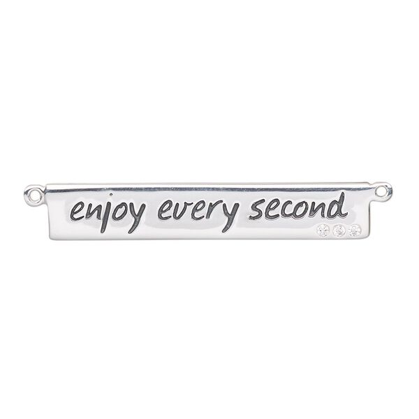 Focal, sterling silver / cubic zirconia / enamel, clear and black, 34x6mm single-sided flat rectangle with "enjoy every second" and 2 loops. Sold individually. image number 0