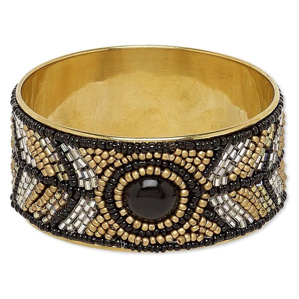 Bracelet, bangle, glass and brass, black / metallic grey / copper, 34mm wide with oval and chevron design, 8 inches. Sold individually. image number 0