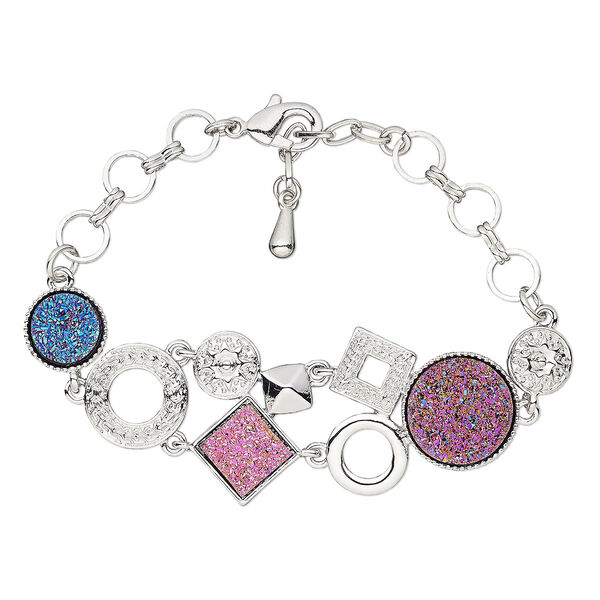 Bracelet, druzy (imitation) / imitation rhodium-plated brass / steel / "pewter" (zinc-based alloy), blue and pink, 27mm wide, 6 inches with 1-inch extender chain and lobster claw clasp. Sold individually. image number 0