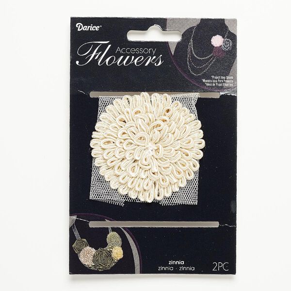 Sew-on component, fabric, ivory, 66-68mm zinnia flower. Sold per pkg of 2. image number 0