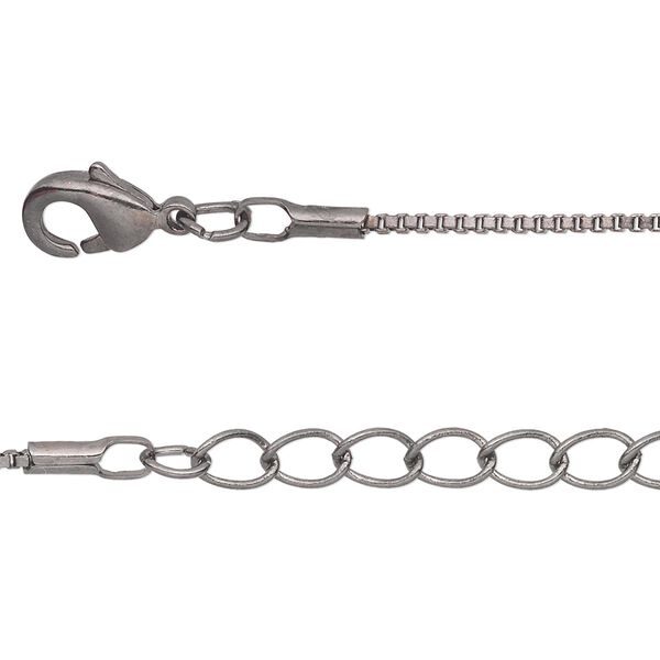 Chain, gunmetal-plated brass, 1mm Venetian box, 36 inches with 1-inch extender chain and lobster claw clasp. Sold per pkg of 2. image number 0