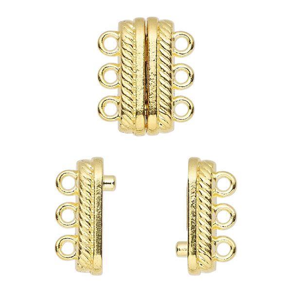 Clasp, 3-strand magnetic, gold-finished "pewter" (zinc-based alloy), 18x8mm double-sided rectangle with rope design. Sold individually. image number 0