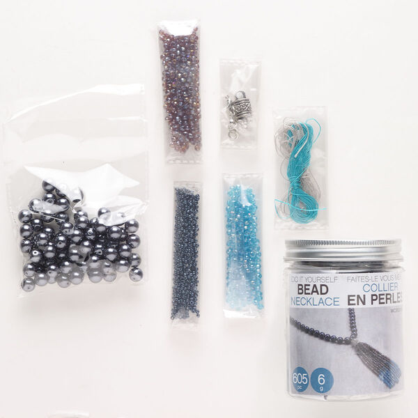 Tassel necklace kit, silver-finished "pewter" (zinc-based alloy) / glass / nylon, mixed colors, mixed shapes. Sold per pkg of 605 pieces. image number 0