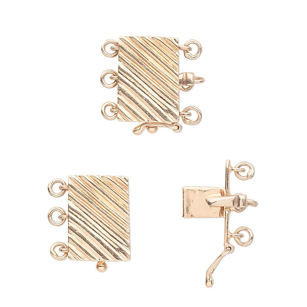 Clasp, 3-strand tab with safety, 14Kt gold, 12x9mm corrugated rectangle. Sold individually. image number 0