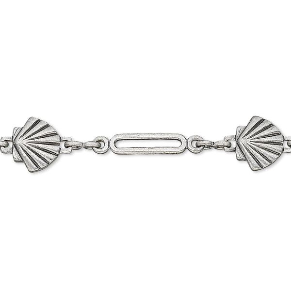 Chain, antique silver-plated brass, 8.5x7.5mm shell with 17x3.5mm rectangle with loops. Sold per pkg of 25 feet. image number 0