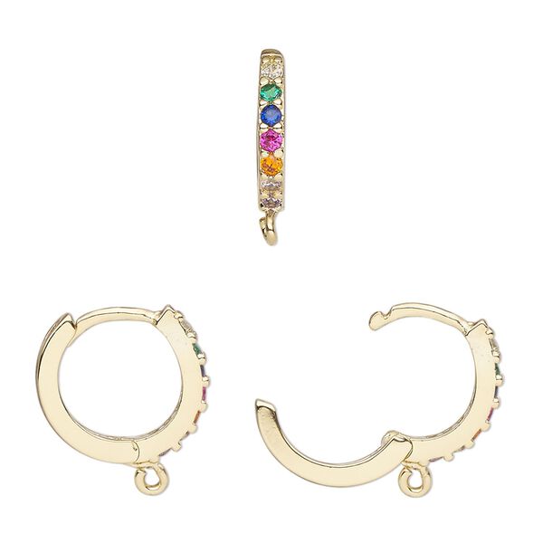 Hoop, gold-finished brass / glass / cubic zirconia, multicolored, 15mm hoop, 17 gauge. Sold per pair. image number 0