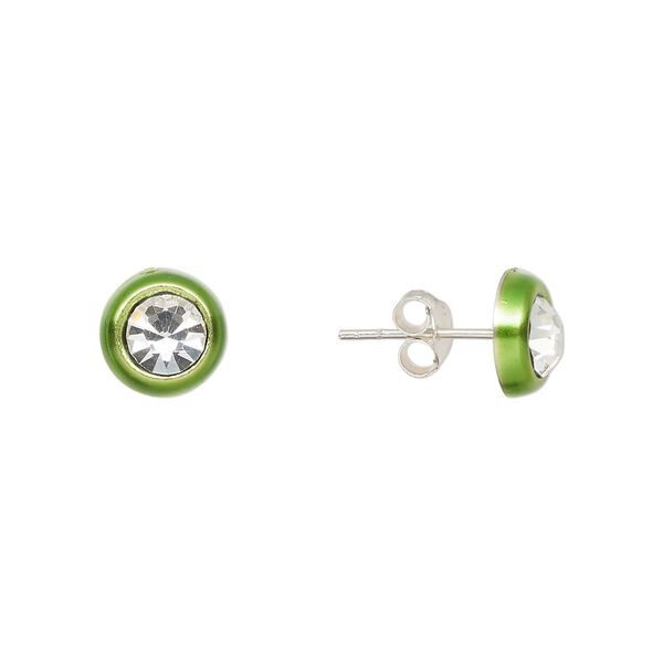 Earstud, Create Compliments®, enamel and sterling silver, peridot green, 8mm round. Sold per pair. image number 0