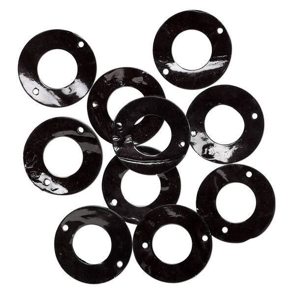 Focal, mother-of-pearl shell (dyed), black, 40mm donut with 2 holes, holes may be offset, Mohs hardness 3-1/2. Sold per pkg of 10. image number 0