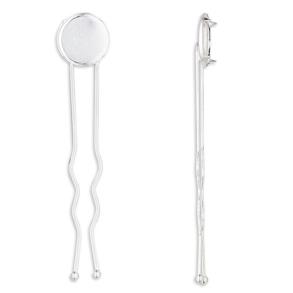 Hairpin, silver-plated brass, 3 inches with 14mm round flat pad. Sold per pkg of 10. image number 0