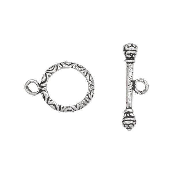 Clasp, toggle, antique silver-plated white brass, 14x13mm fancy oval with swirls. Sold per pkg of 2. image number 0