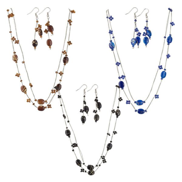 Necklace and earring set, acrylic / glass seed bead / nylon / imitation rhodium-plated steel, black / brown / cobalt, 11x9mm flat oval, 18 inches with lobster claw clasp and 1-1/2 inch extender chain, 2-1/2 inch earrings with fishhook earwires. Sold per pkg of 3 sets. image number 0
