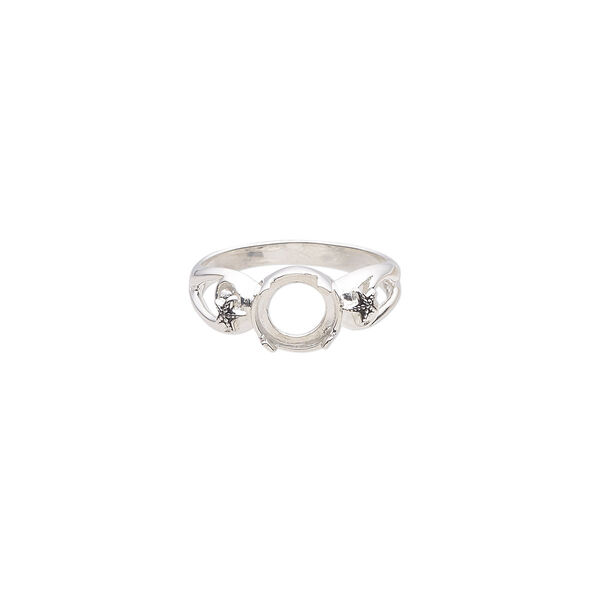 Ring, antiqued sterling silver, 9mm band with starfish design and open back with 8mm round cabochon 4-prong setting, size 9. Sold individually. image number 0
