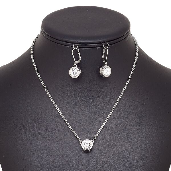 Necklace and earring set, glass / imitation rhodium-plated brass / steel / "pewter" (zinc-based alloy), clear, 6mm round, 15" to 16" necklace with 2-inch extender chain and lobster claw clasp, 25mm earrings with leverback ear wire. Sold per set. image number 0