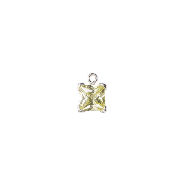 Drop, cubic zirconia and sterling silver, peridot green, 7mm faceted square. Sold individually. image number 0