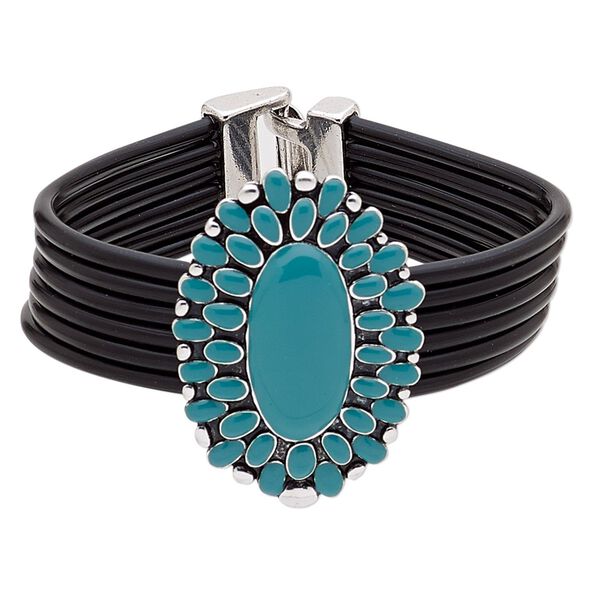 Bracelet, 6-strand, vinyl / enamel / antique silver-plated "pewter" (zinc-based alloy), turquoise blue, 47x33mm oval, 7-1/2 inches with buckle-style closure. Sold individually. image number 0