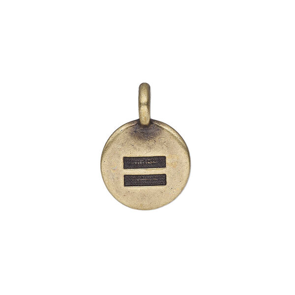 Drop, TierraCast®, antique brass-plated pewter (tin-based alloy), 11.5mm single-sided round with equality design. Sold per pkg of 2. image number 0