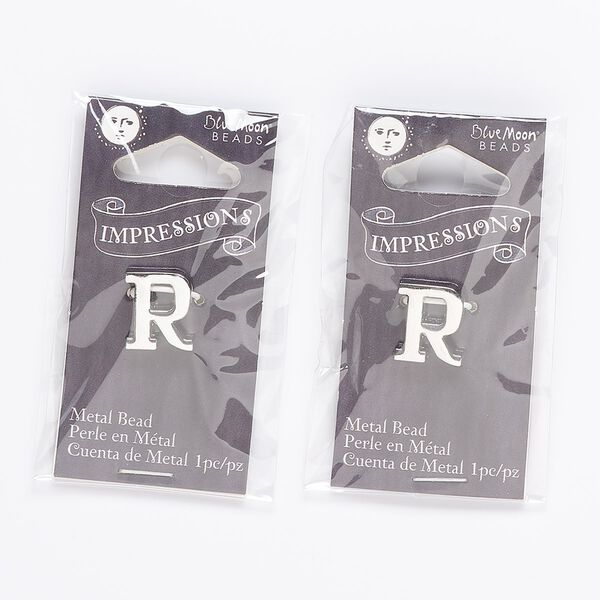 Bead, silver-finished "pewter" (zinc-based alloy), 13x11mm top-drilled alphabet letter "R" with 2mm hole. Sold per pkg of 2. image number 0