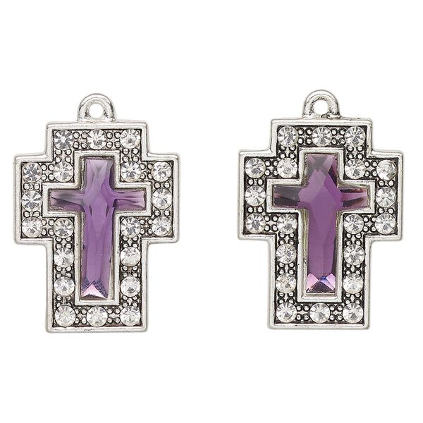 Drop, antique silver-finished "pewter" (zinc-based alloy) and glass, medium purple and clear, 23x17mm cross. Sold per pkg of 2. image number 0