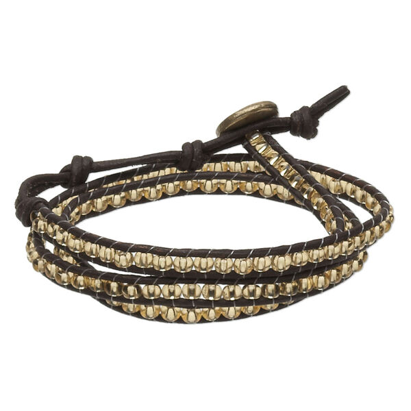 Bracelet, wrap, leather (dyed) / glass / antiqued brass-finished steel, dark brown and yellow, 6mm wide, adjustable from 6-7 inches with button clasp. Sold individually. image number 0