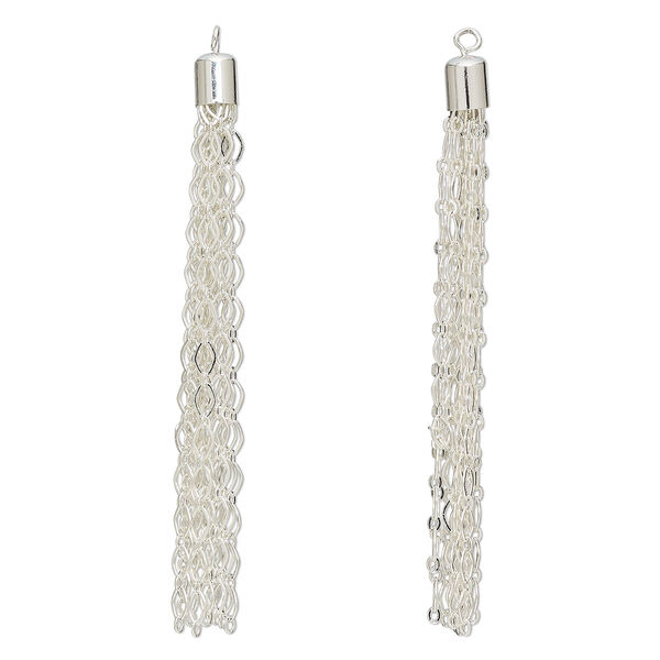 Focal, silver-plated brass, 3 x 1/4 inch long and short chain tassel. Sold per pkg of 2. image number 0
