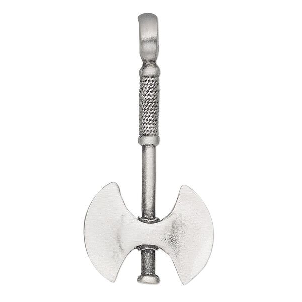 Pendant, antiqued pewter (tin-based alloy), 61.5x29mm 3D double axe. Sold individually. image number 0