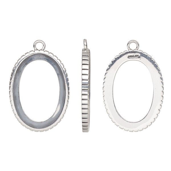 Drop, antiqued sterling silver, 28x20.5mm oval with 25x18mm oval setting and textured design with open back. Sold individually. image number 0