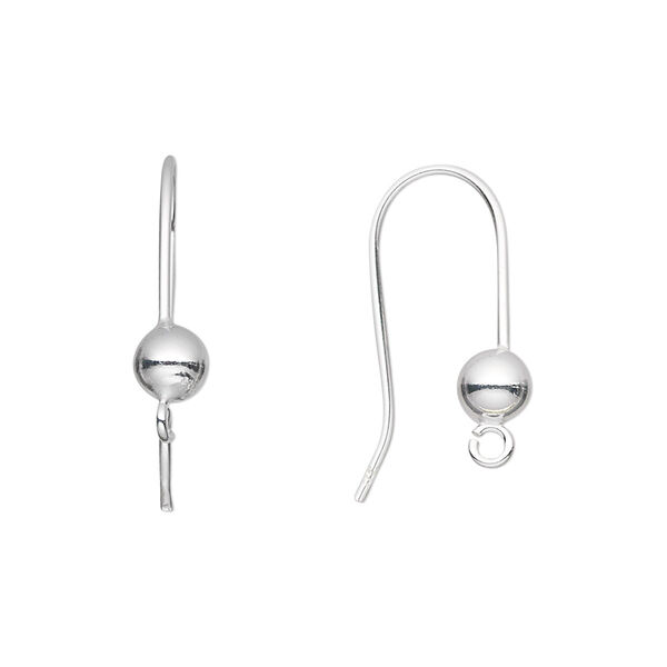 Ear wire, sterling silver, 20mm fishhook with 5mm ball and open loop, 20 gauge. Sold per pair. image number 0