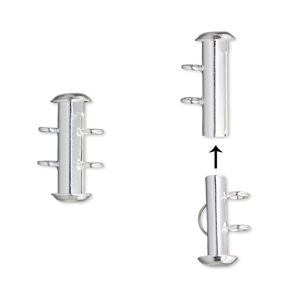 Clasp, 2-strand slide lock, silver-plated brass, 16x6mm round tube. Sold per pkg of 4. image number 0