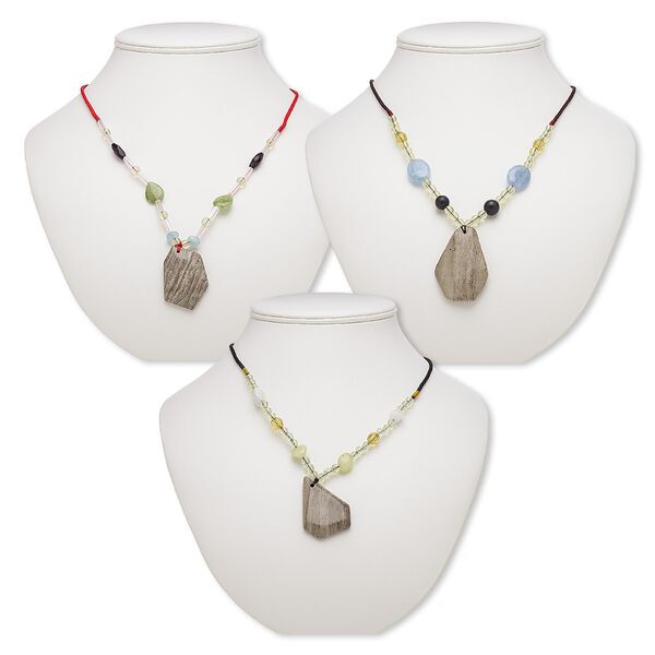 Multi-gemstone / acrylic / glass 1pkg3, freeform pendant necklace mix continuous loop 20 inch 32x27mm-48x36mm image number 0